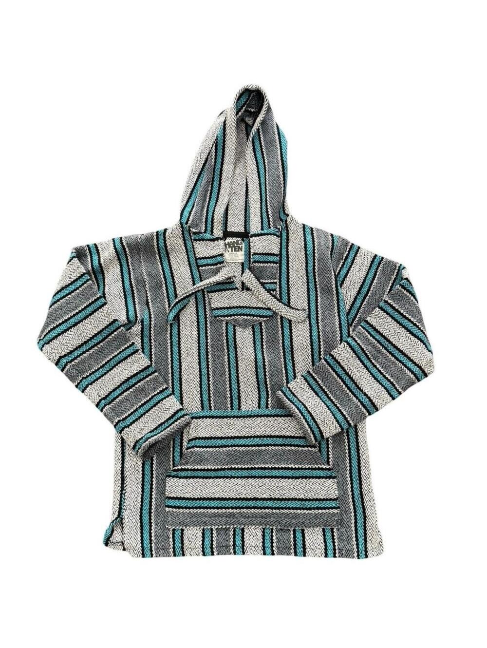 Vintage Hang Ten Baja Hoodie Drug Rug Mexican Pancho Large blue Gray textured